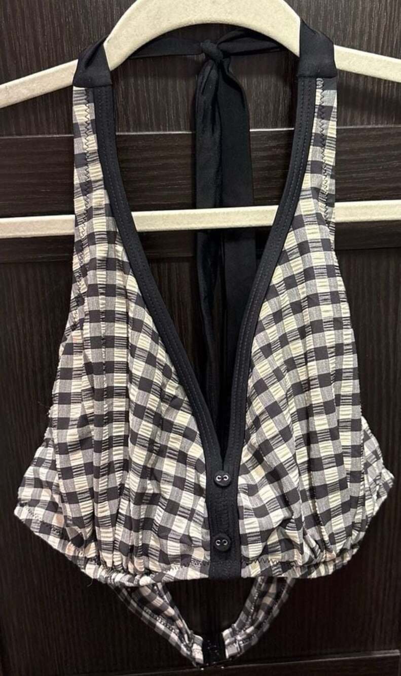 Pour Moi Gingham Halter Neck Bikini Top with Button Detail